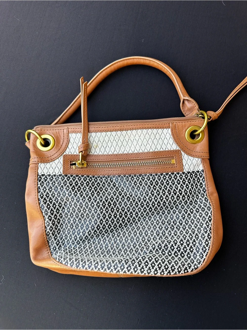 Fossil Tan Karli Hobo Leather-Trimmed Black-and-White Woven Bag